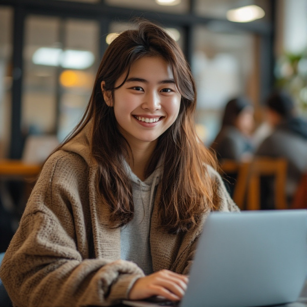 Picture of smiling Asian student working at a laptop.