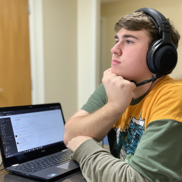 Male student listening attentively while working on a laptop